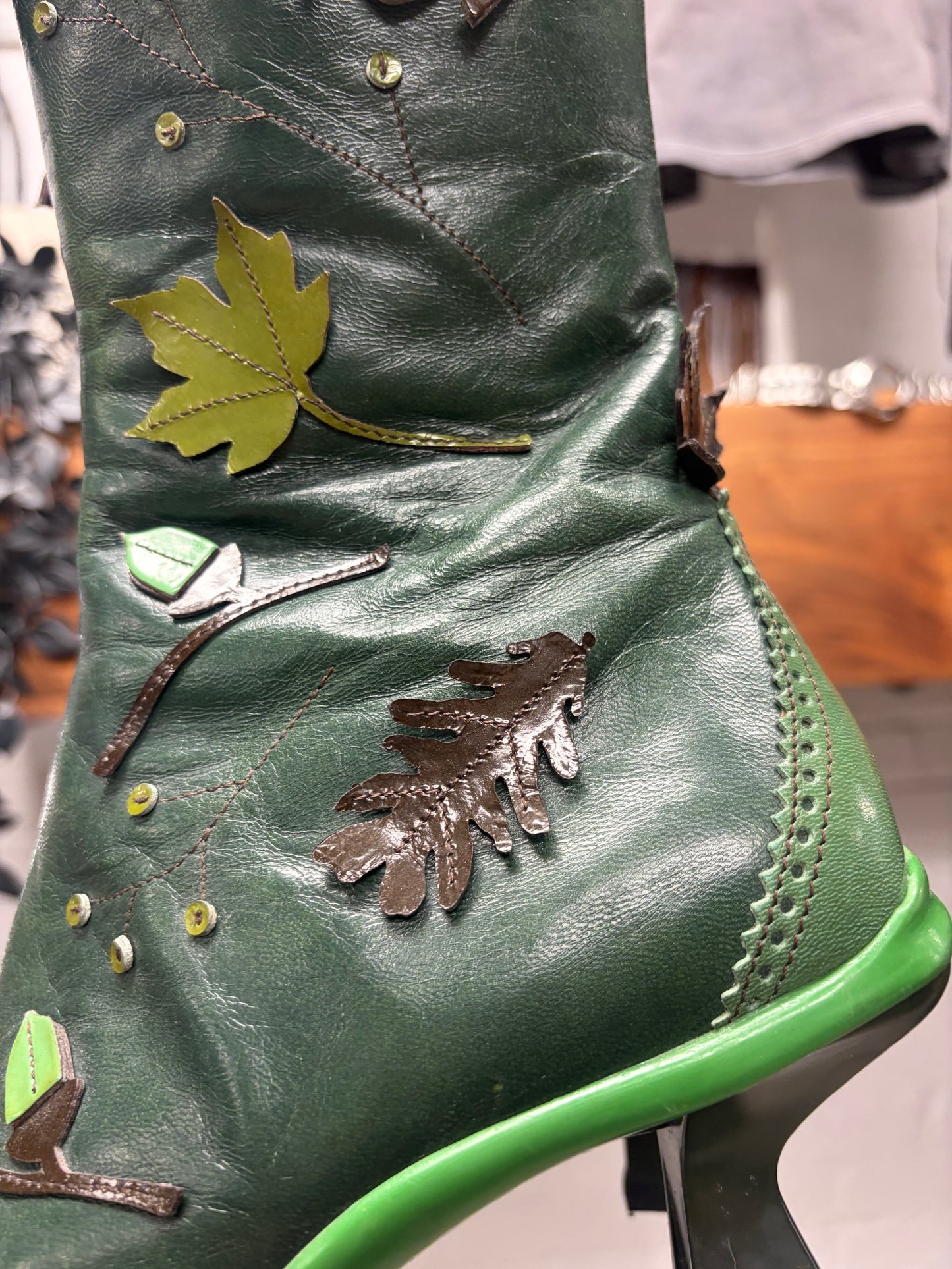 AW1999 Prada Green Calfskin Leather Leaf Appliqué Ankle Boots