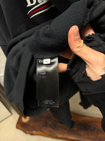 AW2022 Balenciaga Campaign Logo Distressed Black Terry Cotton Hoodie