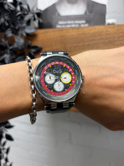Dolce & Gabbana ‘Triple Chronograph’ Silver Tone Watch with Black Leather Strap