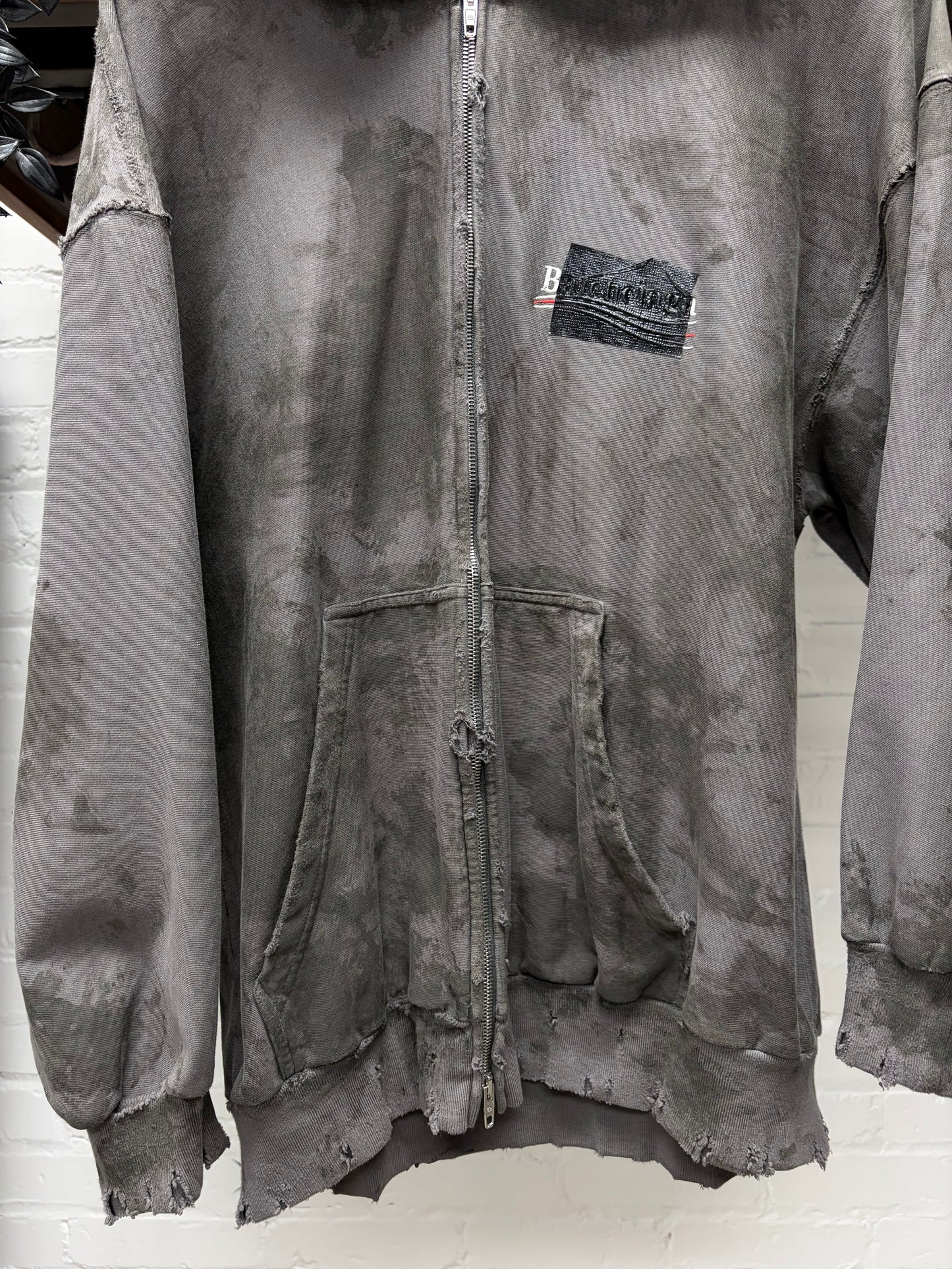 AW2023 Balenciaga Mudshow ‘Gaffer Tape’ Grey Distressed Zip-Up Hoodie