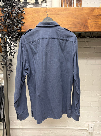 Dries Van Noten Uniform Blue Military Epaulette Button Up Shirt