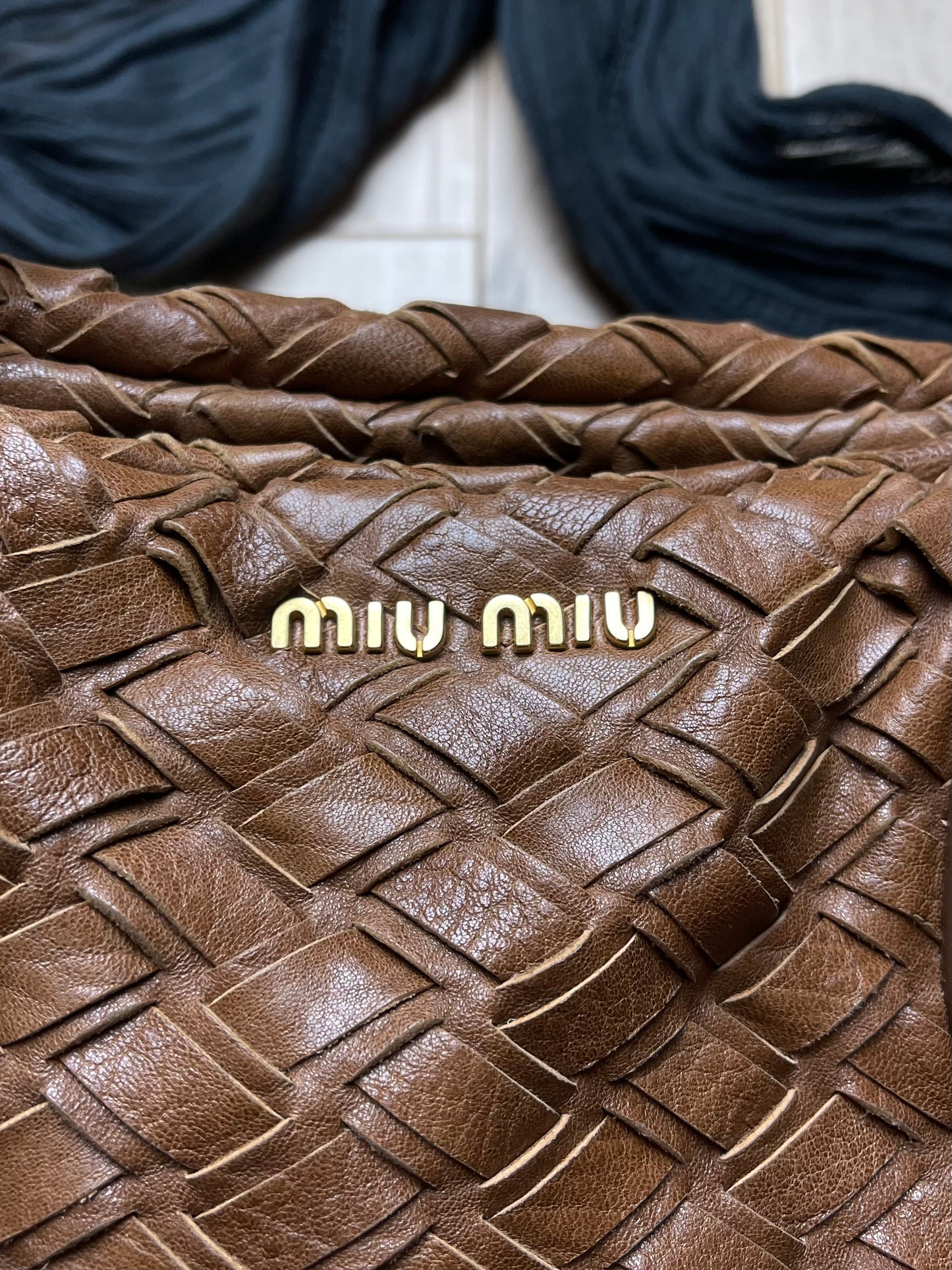 Miu Miu Brown Leather Basket Weave Top Handle/Shoulder Bag