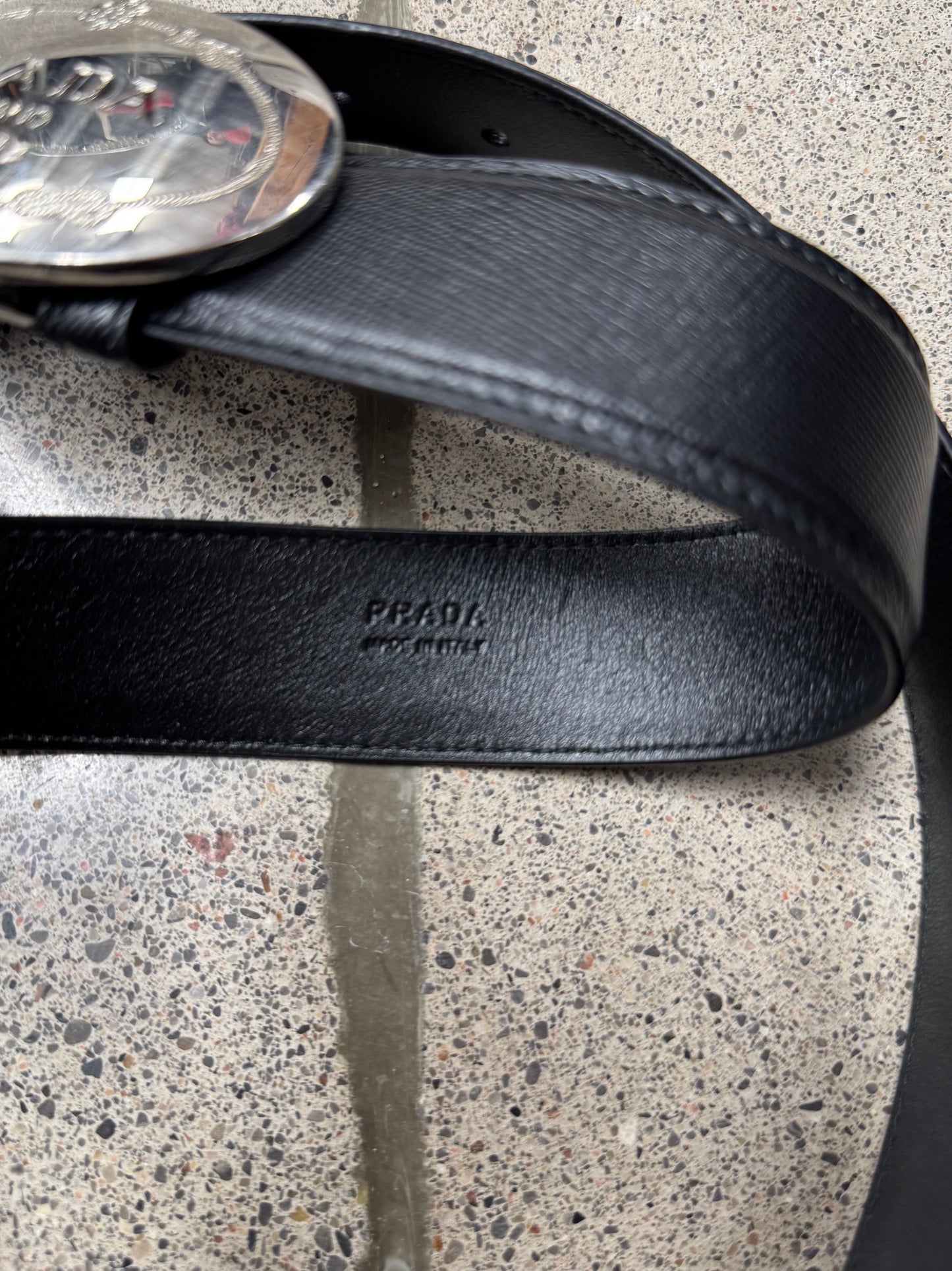 Prada ‘Saffiano’ Silver Buckle/Black Leather Belt