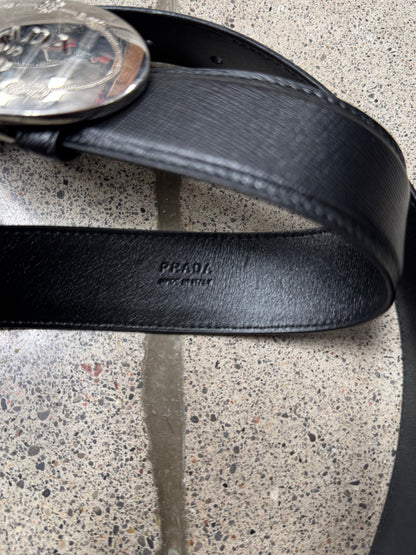Prada ‘Saffiano’ Silver Buckle/Black Leather Belt
