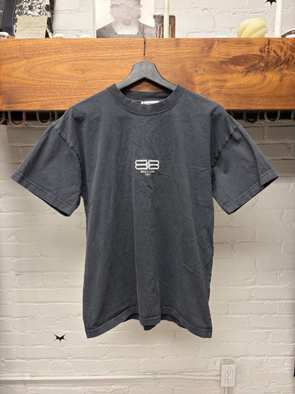 2022 Balenciaga ‘BB Crest’ Embroidered Logo Black Crped Fit T-Shirt