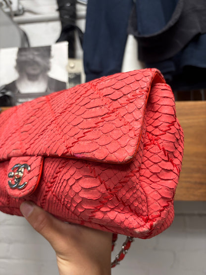 Chanel Red Python Leather Classic ‘Flap Bag’ with Silver Hardware