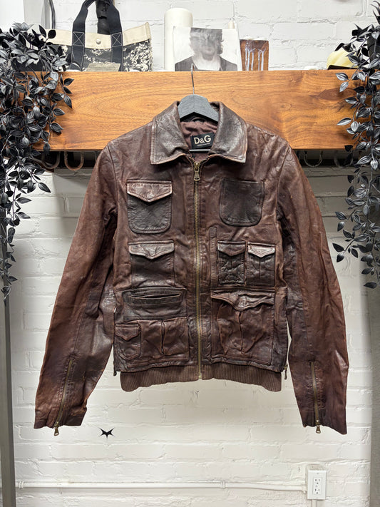 2000s Dolce & Gabbana Brown Lambskin Leather Cargo Jacket
