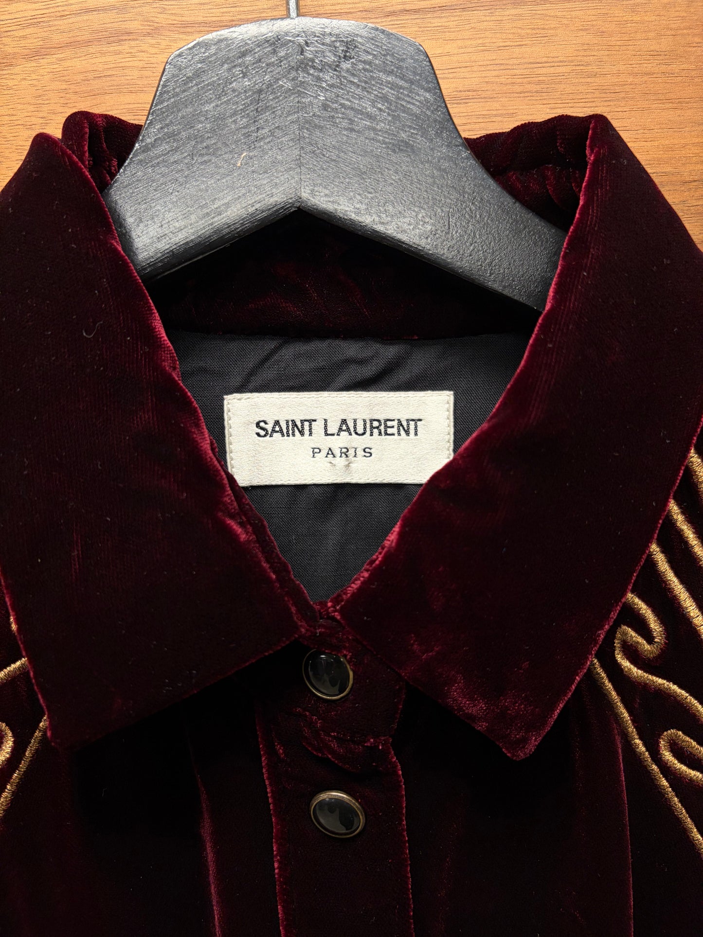 SS2020 Saint Laurent Silk/Velvet Dark Red Western Button Snap Shirt