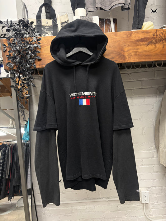 AW2018 Vetements ‘Tricolor’ Embroidered Logo Layered Black Hoodie