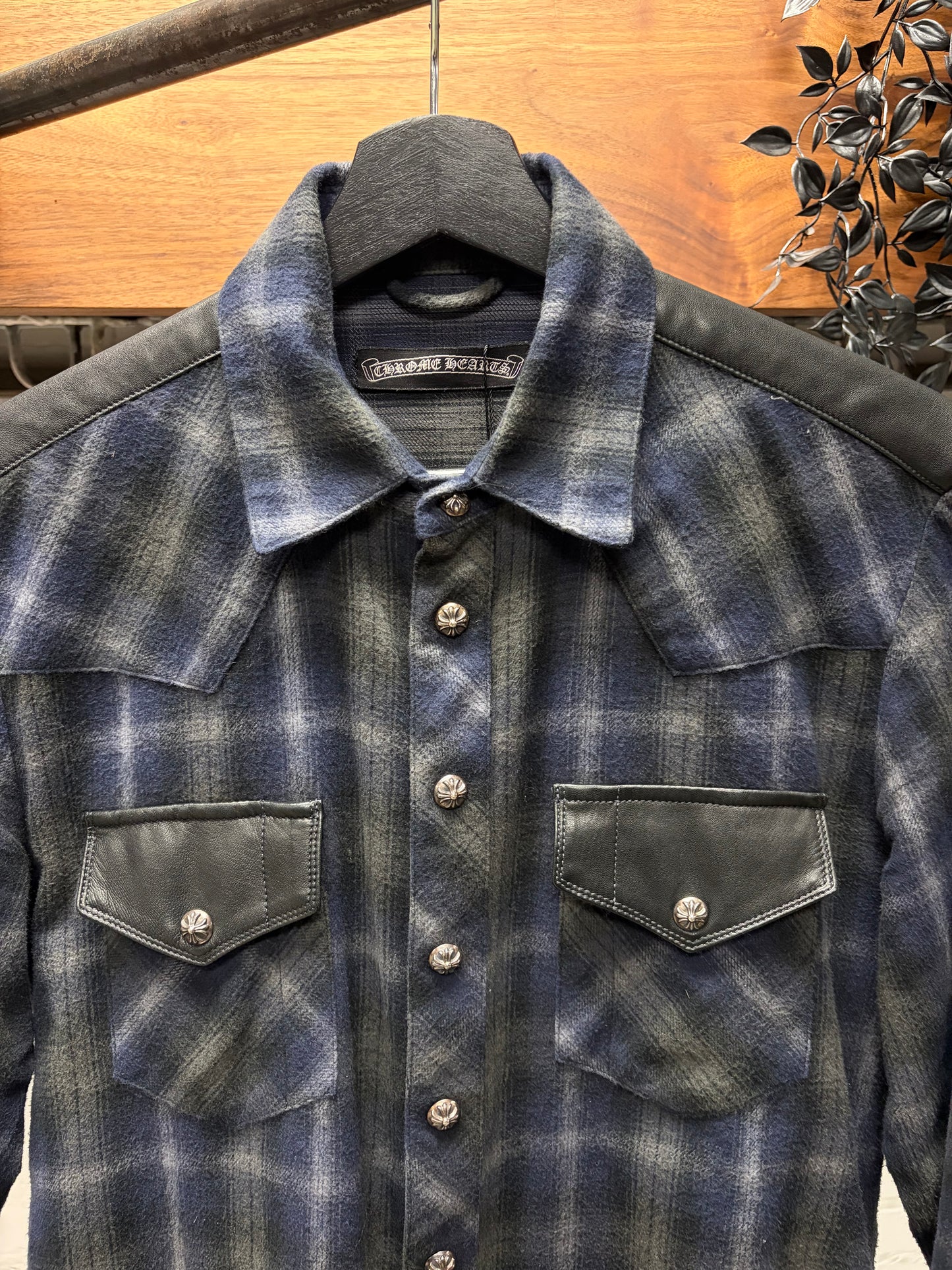 Chrome Hearts Leather Cross Patch ‘Fleur Back’ Western Plaid Flannel Shirt