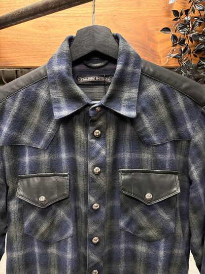 Chrome Hearts Leather Cross Patch ‘Fleur Back’ Western Plaid Flannel Shirt
