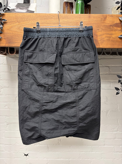 SS2019 Rick Owens ‘Babel’ Seersucker Drop Crotch ‘Pod’ Black Drawstring Shorts