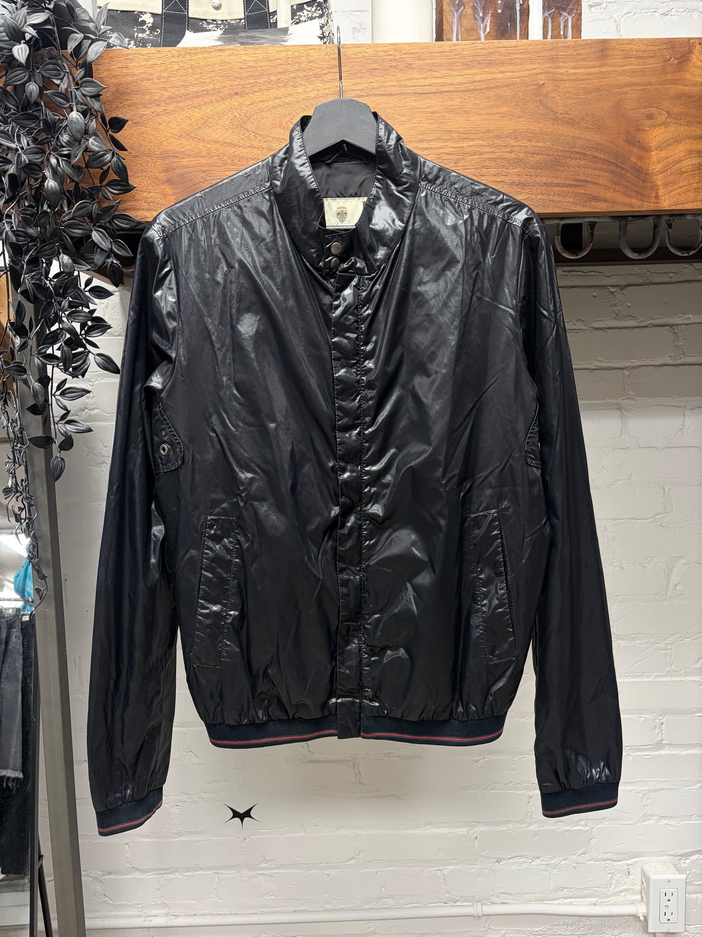 Gucci Waxed Black Vinyl Drivers Jacket with Striped Ribbing