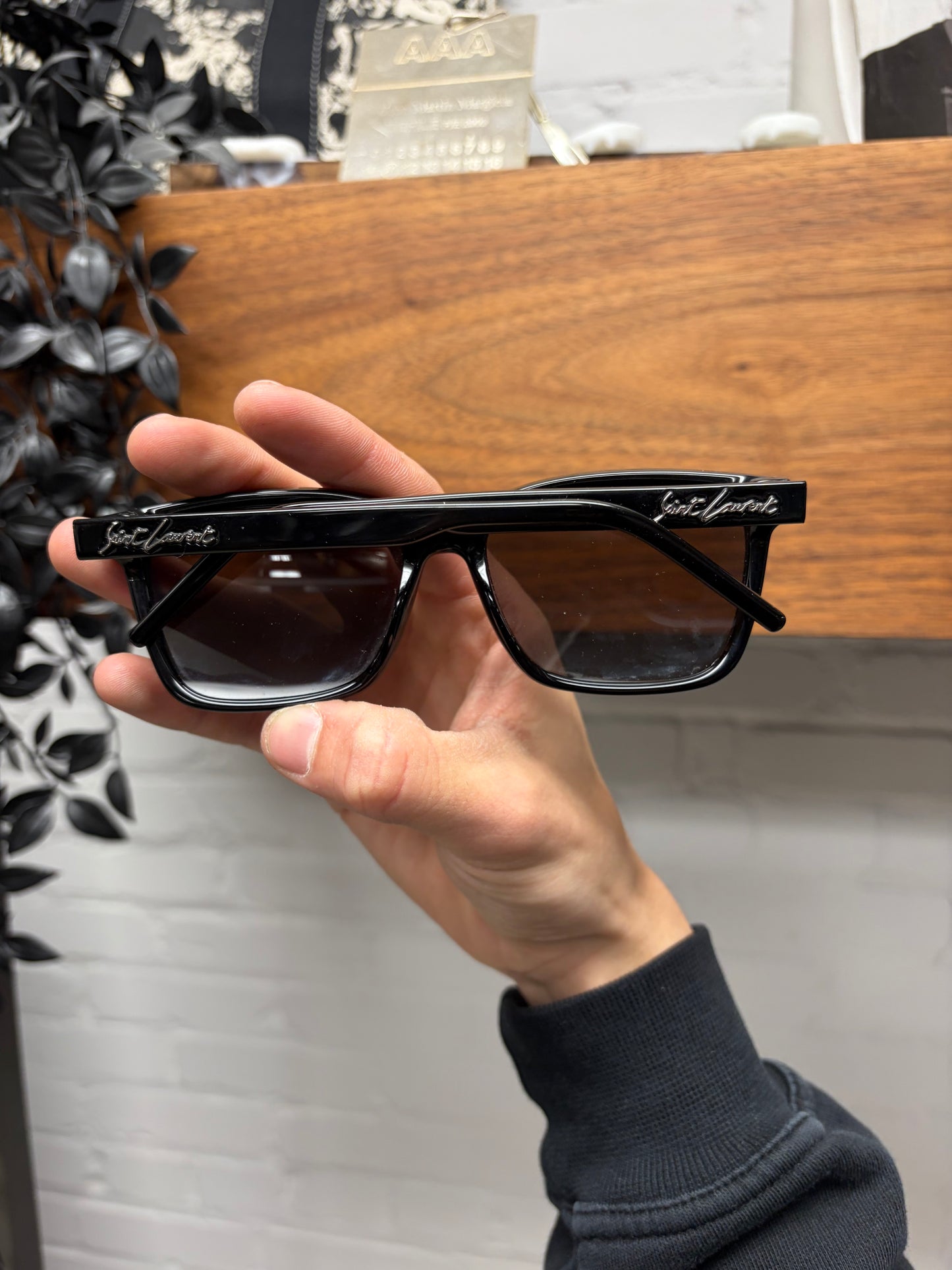 Saint Laurent Black/Silver ‘Cursive Logo’ Square Shape Black Tinted Sunglasses