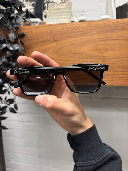 Saint Laurent Black/Silver ‘Cursive Logo’ Square Shape Black Tinted Sunglasses