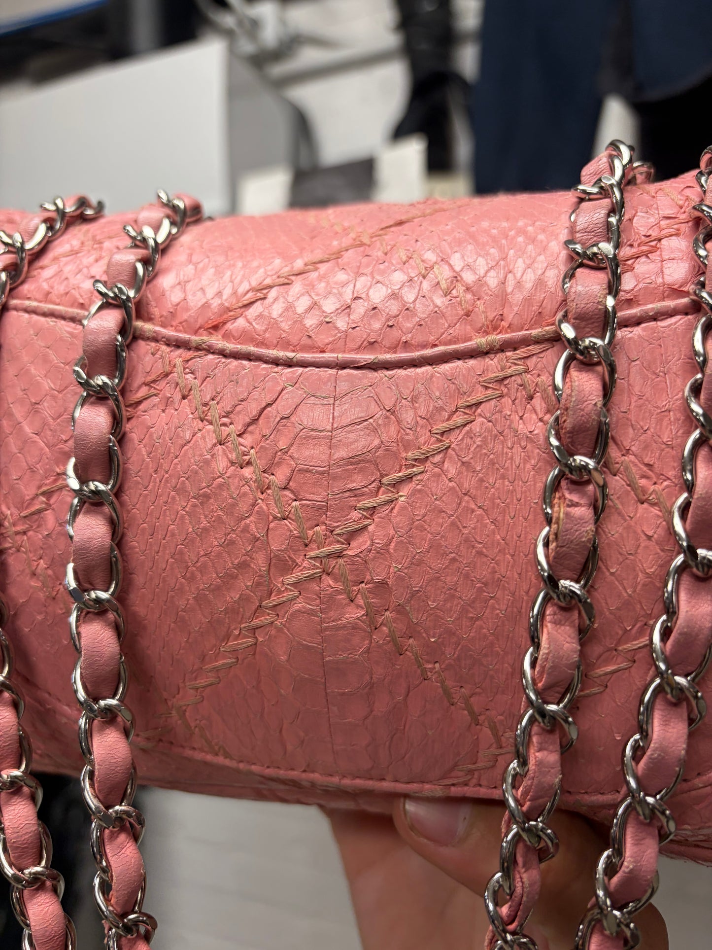 Chanel Pink Python Leather Classic ‘Flap Bag’ with Silver Hardware