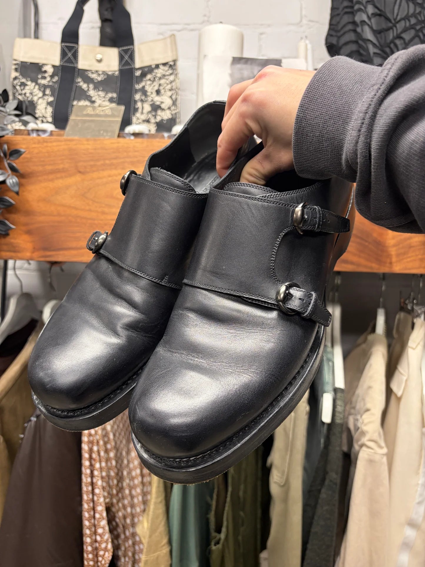 Gucci Double ‘Monk Strap’ Black Calfskin Leather Wood Sole Derbys