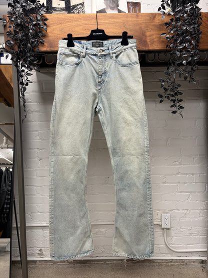 2023 Balenciaga ‘Dirt Wash’ Light Blue Flared Leg ‘Heelbite’ Denim