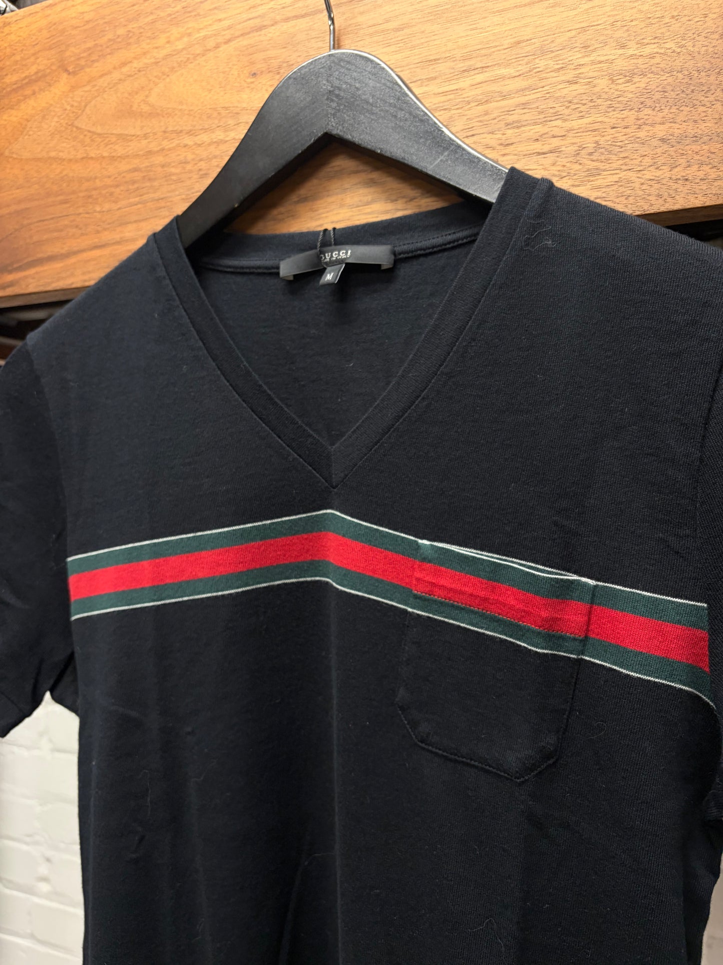 2000s Gucci ‘Striped Logo’ V-Neck Black Cotton T-Shirt