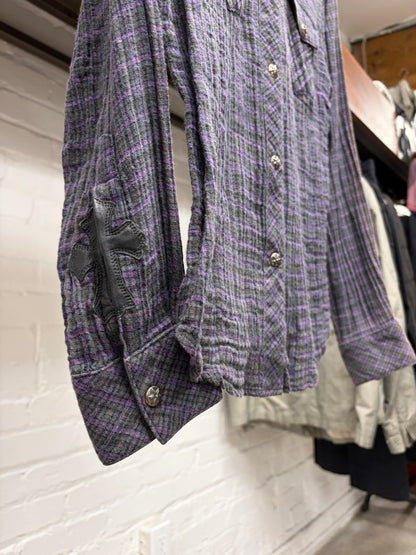 Chrome Hearts Purple Cross Patch Fleur-Back Purple Plaid Flannel Shirt