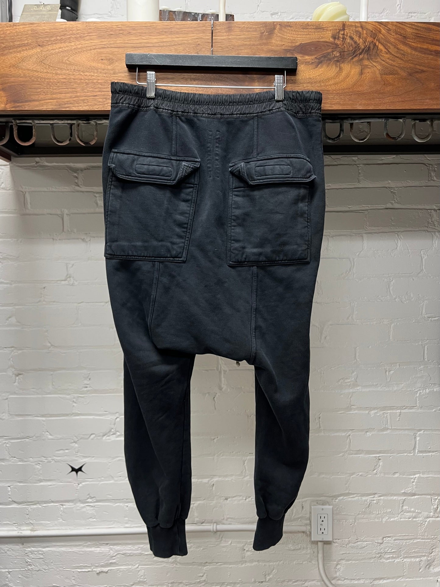 Rick Owens Drop Crotch Black Cotton Drawstring Sweatpants