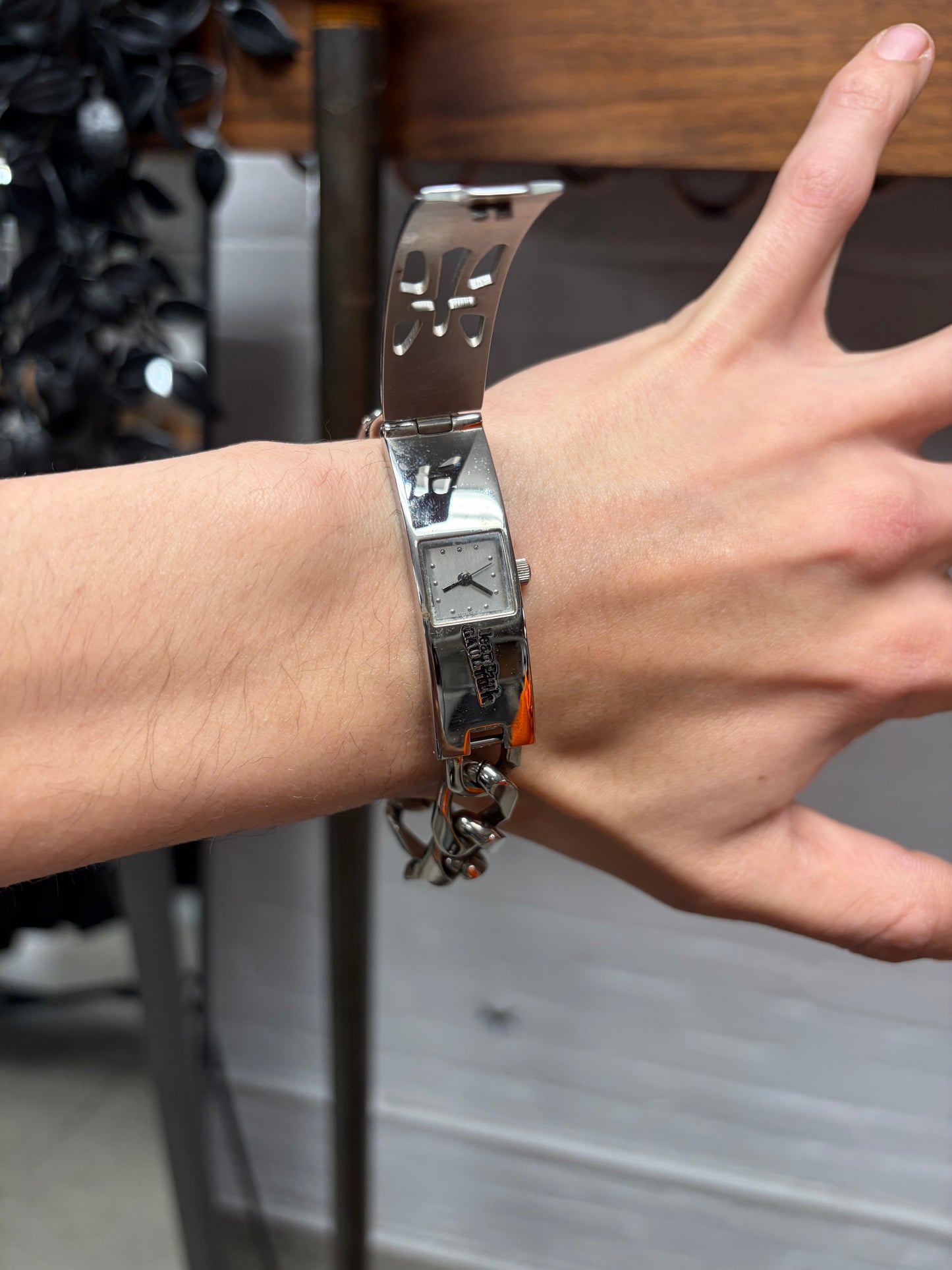 Jean Paul Gaultier Silver Cross Bracelet with Concealed Watch Face