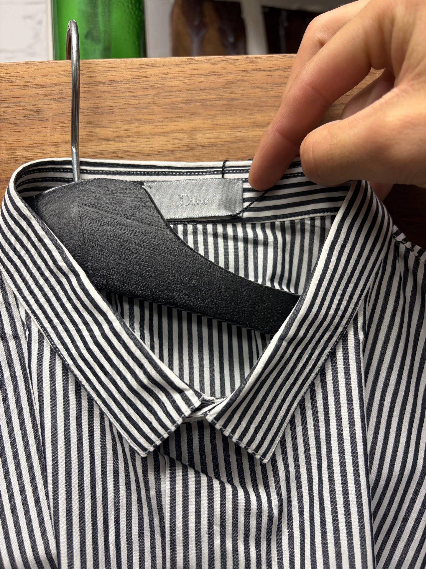 Dior Homme Black/White Pinstripe ‘Bee’ Embroidered Logo Button Up Shirt
