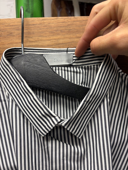 Dior Homme Black/White Pinstripe ‘Bee’ Embroidered Logo Button Up Shirt