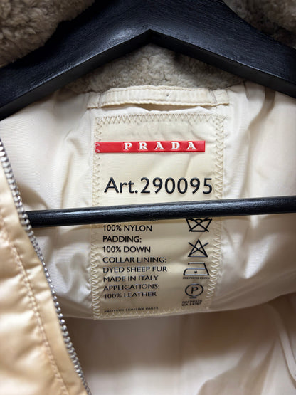 2006 Prada Gold Puffer Vest with Leather Belted Collar and Sheep Fur Trim