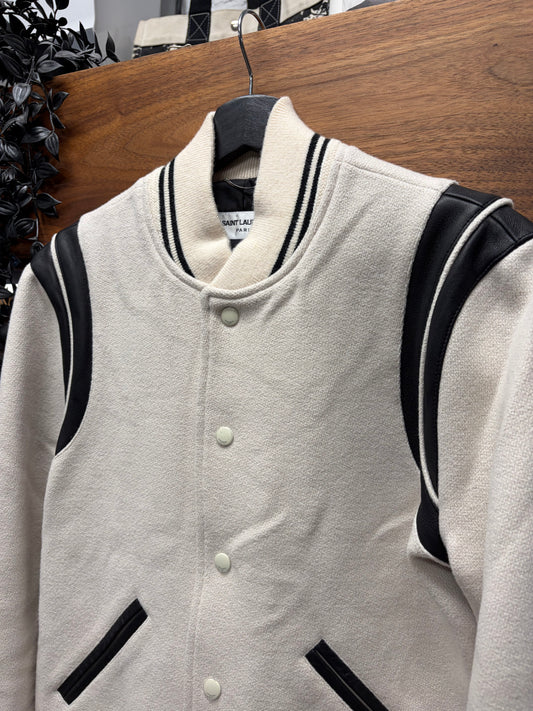 2021 Saint Laurent ‘Teddy’ Wool/Leather Cream White Varsity Jacket