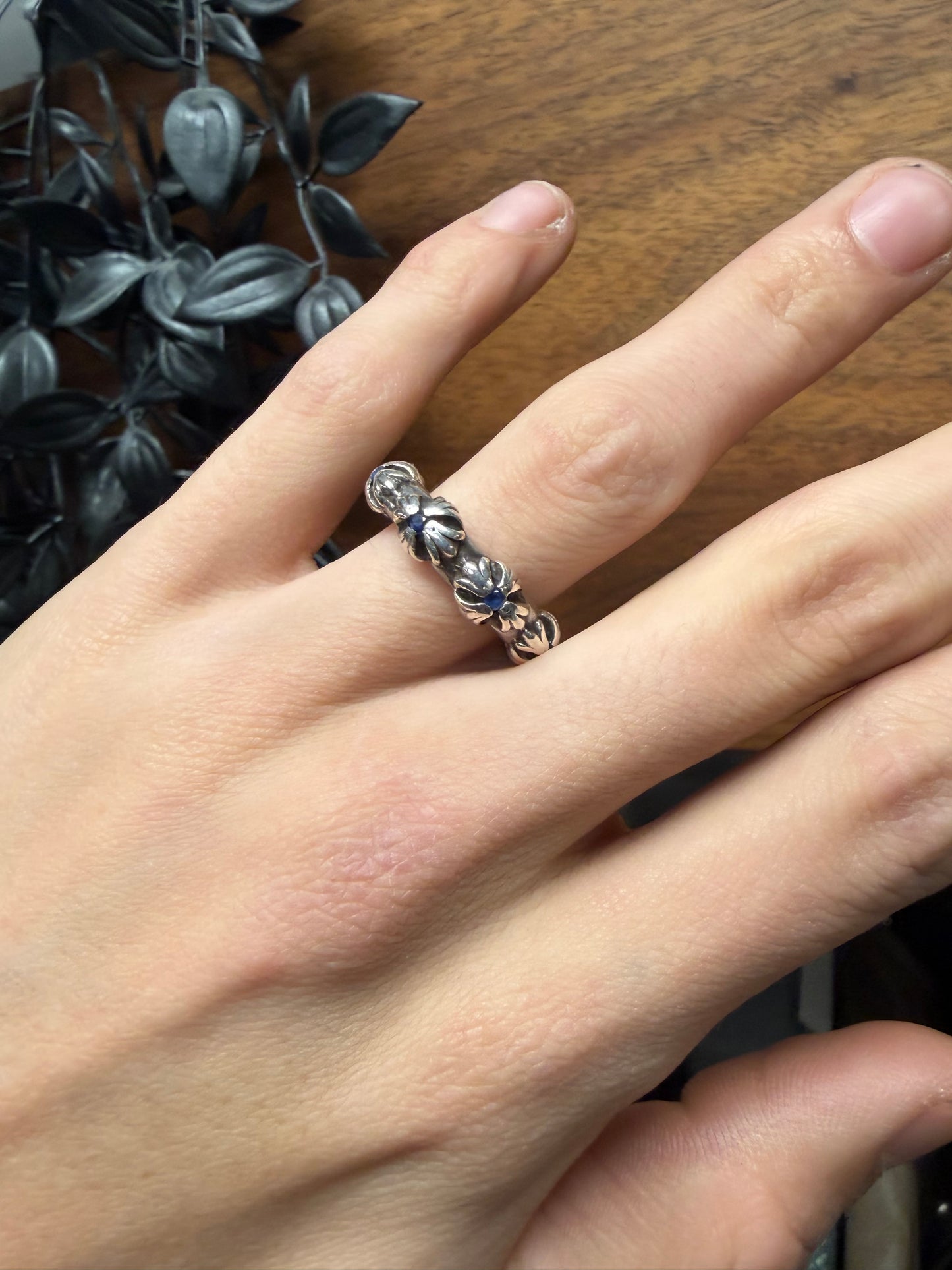 Chrome Hearts ‘Cross Band’ 925 Silver Ring with Factory Set Sapphire Stones