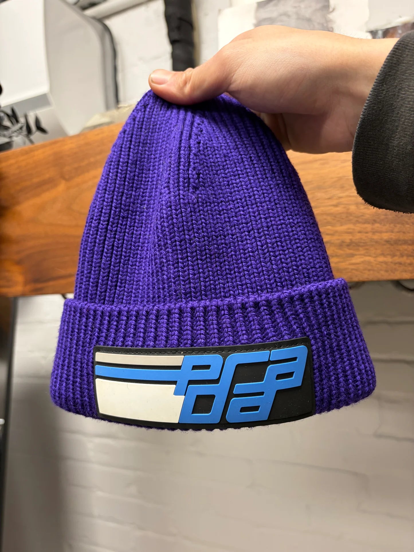 AW2018 Prada Ribbed Purple Wool Logo Beanie