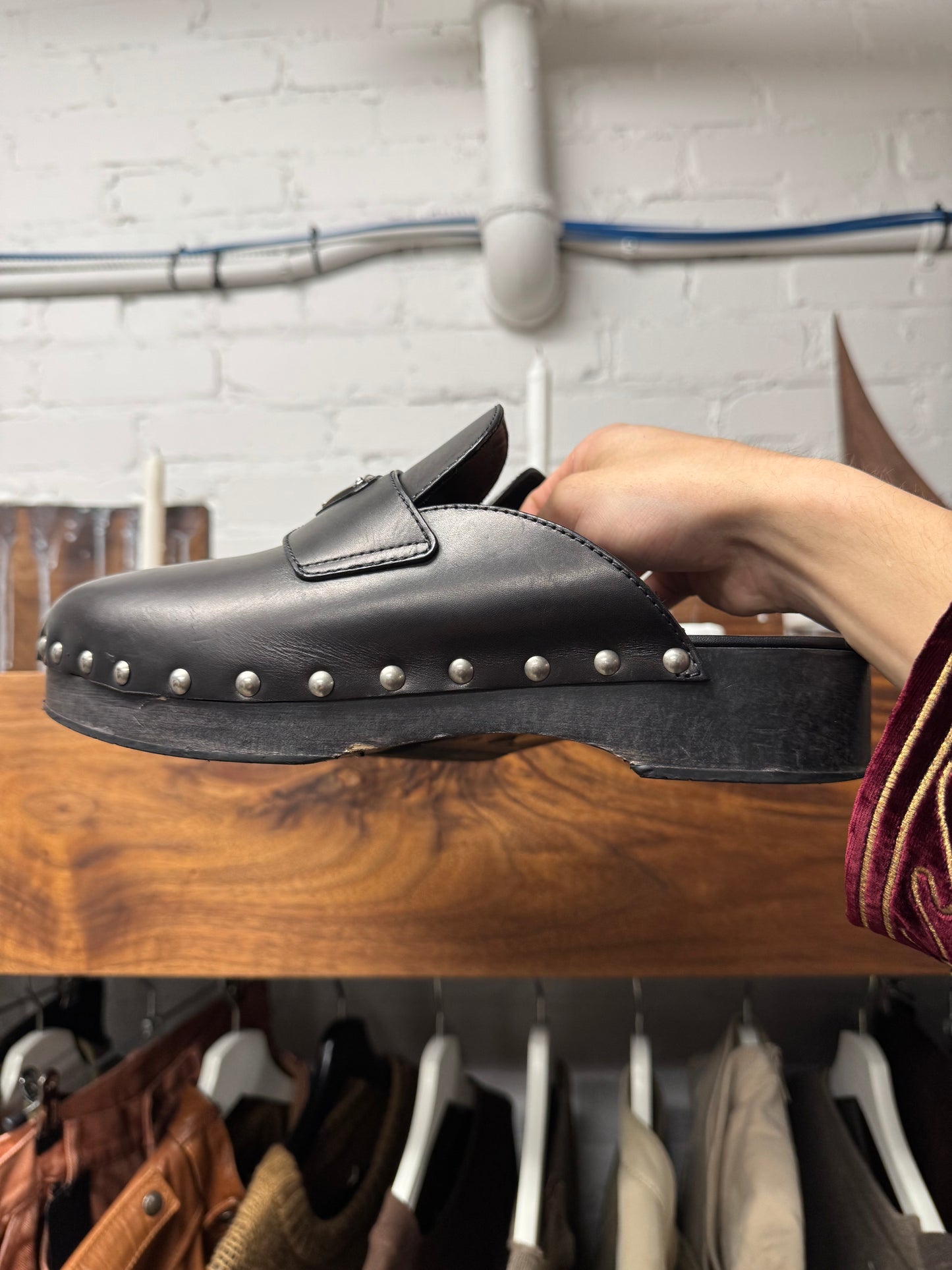 Prada Leather Studded Wood Sole Clogs