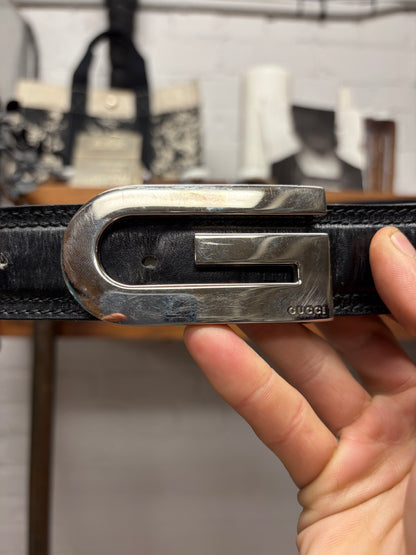 Vintage 2000s Gucci ‘Long G’ Silver Buckle Black Leather Belt