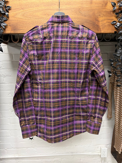 2000s Gucci by Frida Giannini Orange/Purple Plaid Button Up Shirt with Shoulder Epaulets