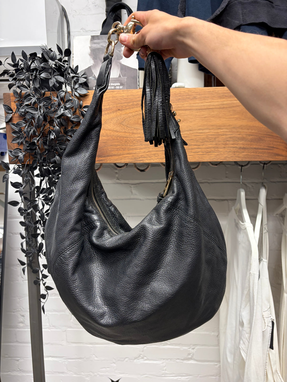 Vintage Gucci Fringe Black Leather Bag with Gold Hardware