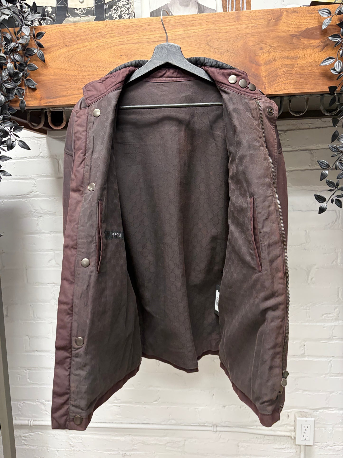 Gucci Waxed Oxblood Red Canvas ‘Boiler’ Jacket with GG Monogram Silk Lined Interior