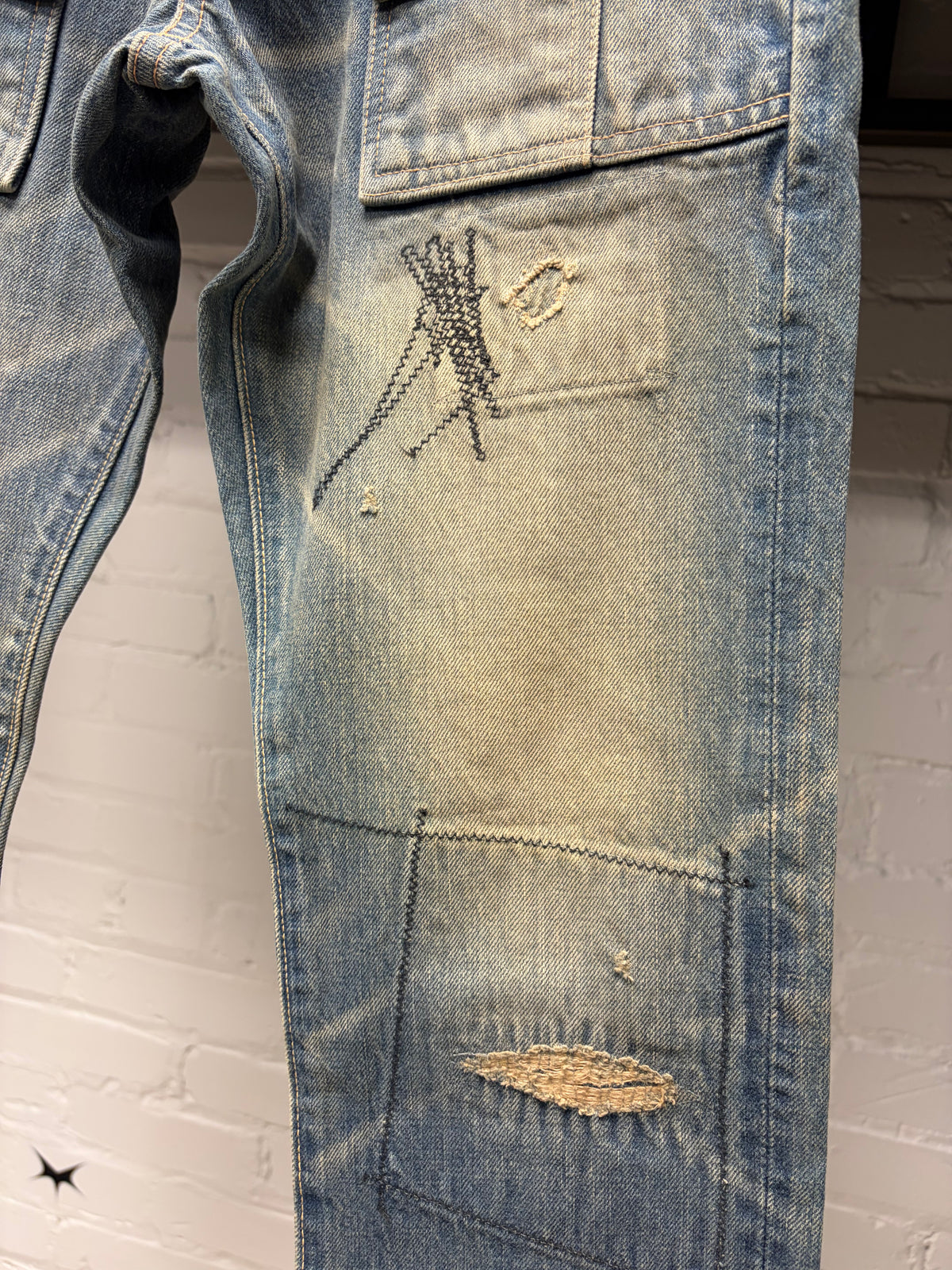 Kapital Low Rise Dirt Washed Blue ‘Snap Front Pocket’ Sashiko Repaired Skinny Jeans