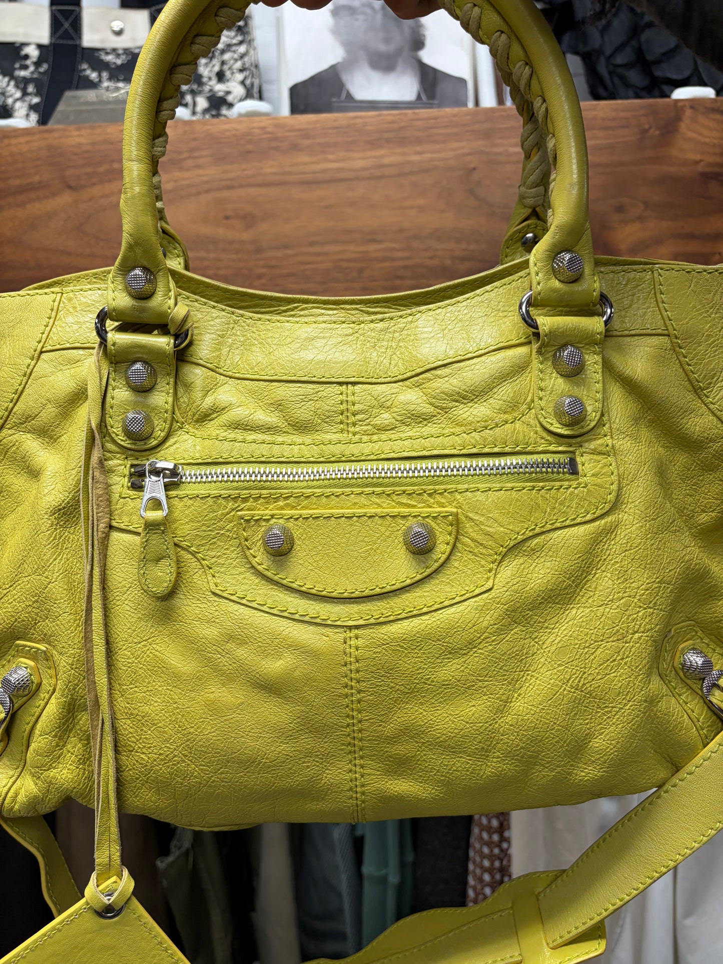 Balenciaga Yellow Calfskin Leather ‘City’ Bag with Crossbody Strap