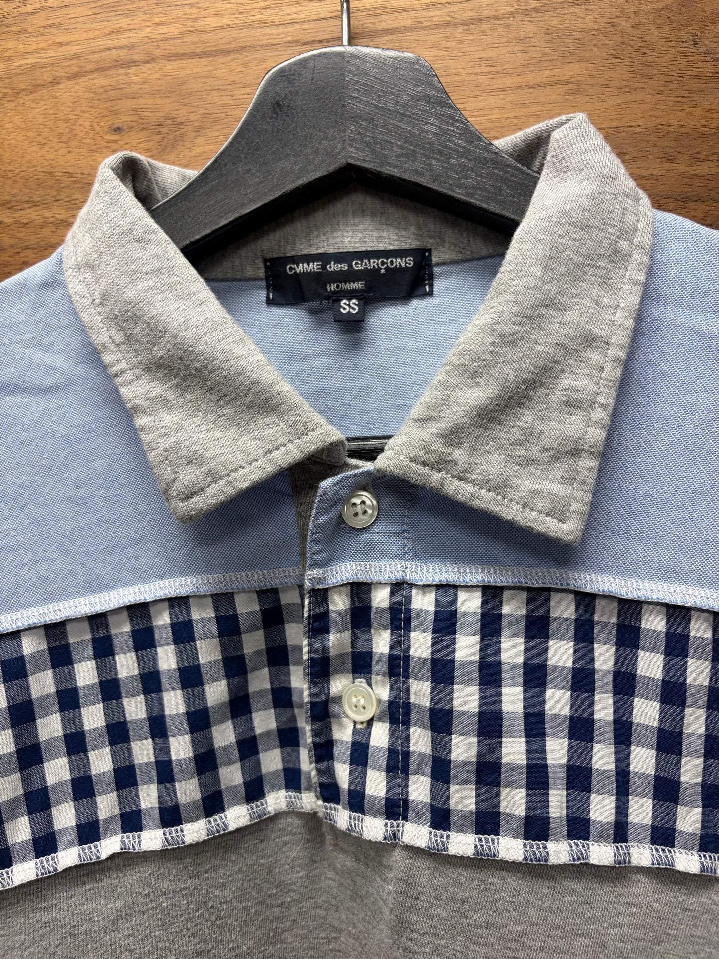 2006 Comme Des Garçons Shirt Grey Cotton Striped/Gingham Hybrid Polo