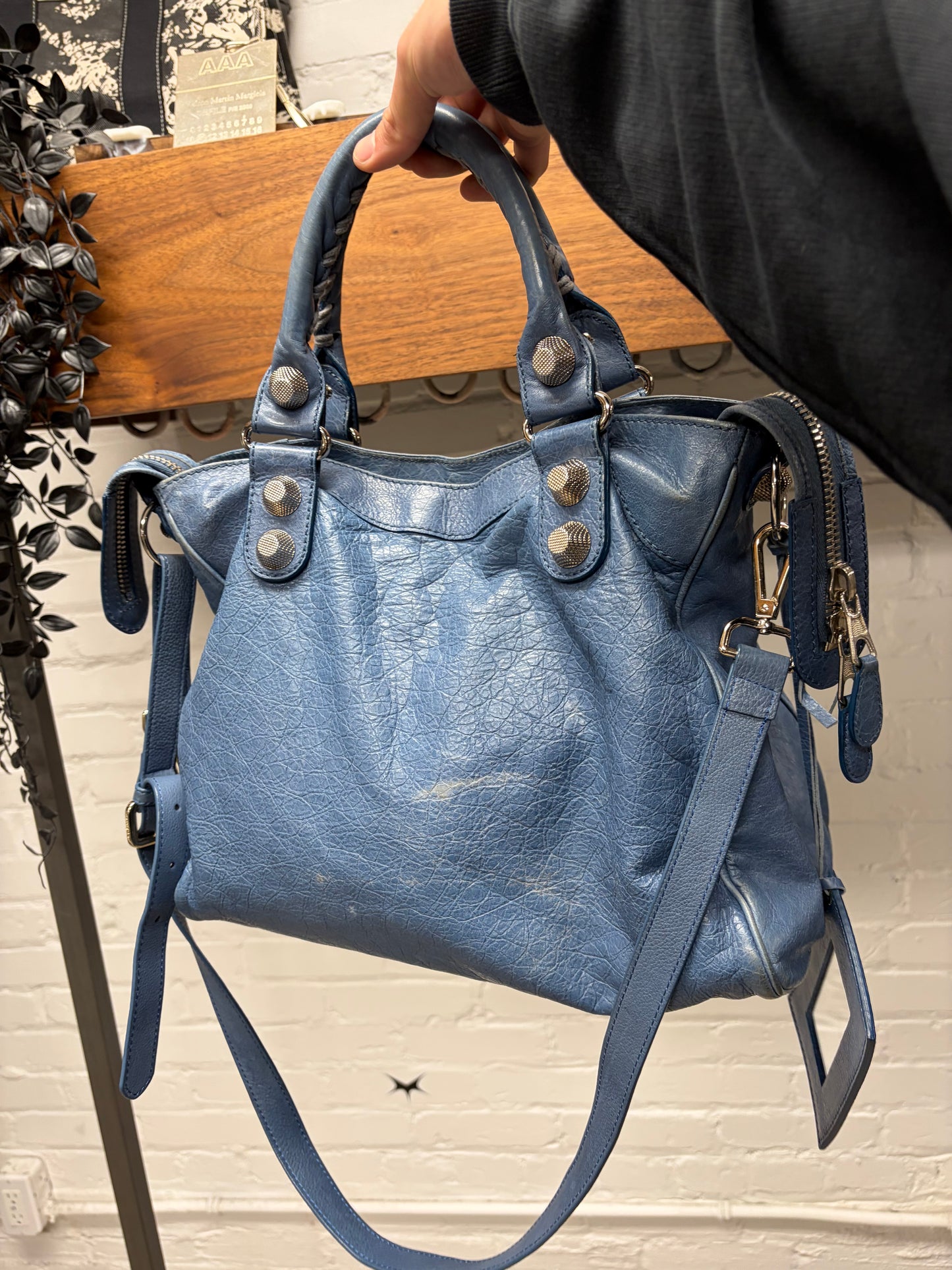 Balenciaga ‘Giant’ Blue Lambskin ‘City Bag’ with Silver Hardware