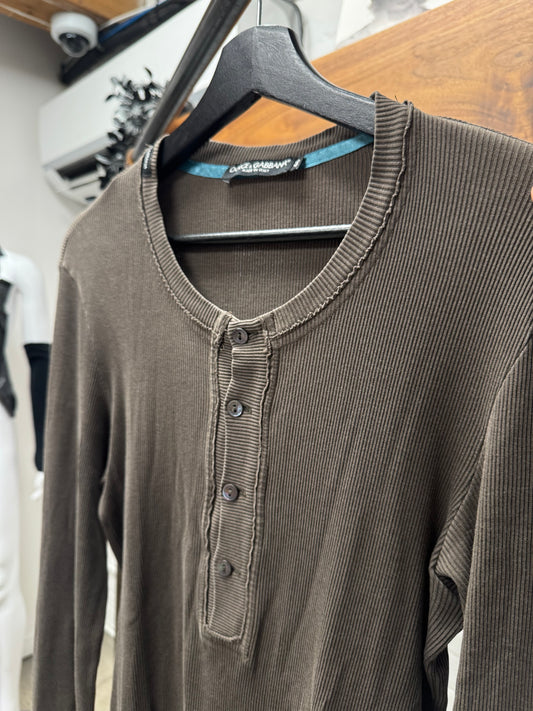 2000s Dolce & Gabbana Ribbed Brown ‘Frayed Cotton’ Henley Long Sleeve