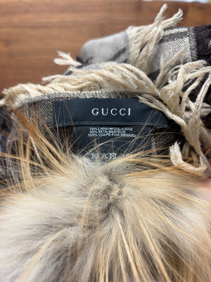 2000s Gucci Genuine Fox Fur Trim GG Monogram Leather Scarf