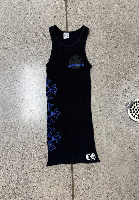 Chrome Hearts Blue Plus Cross Ribbed Black Tank Top