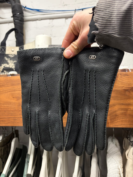 Gucci Black Grained Calfskin Leather Gloves with Wool Liner