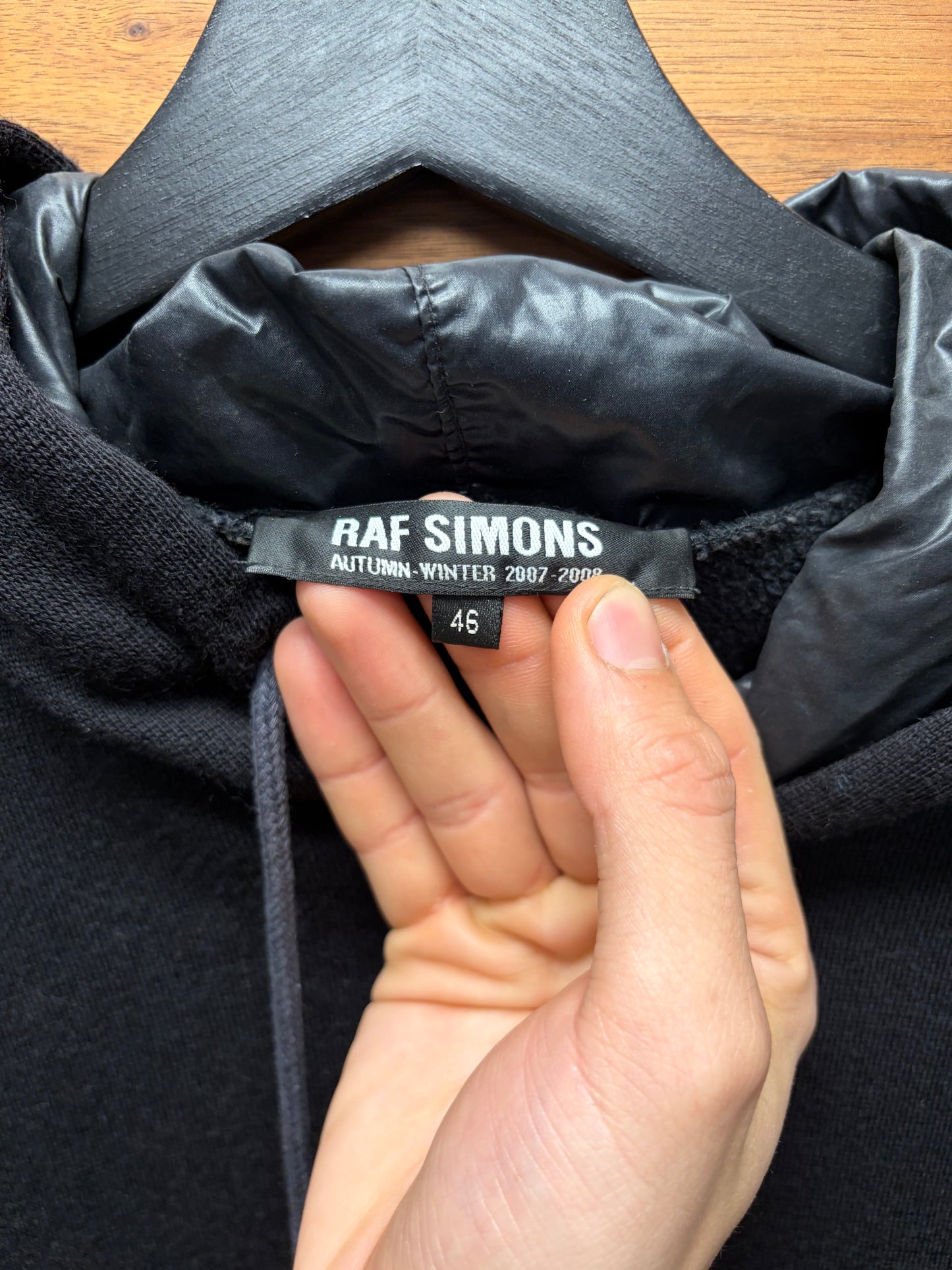 AW2007 Raf Simons Black Wool Hoodie with Waxed Nylon Interior Liner
