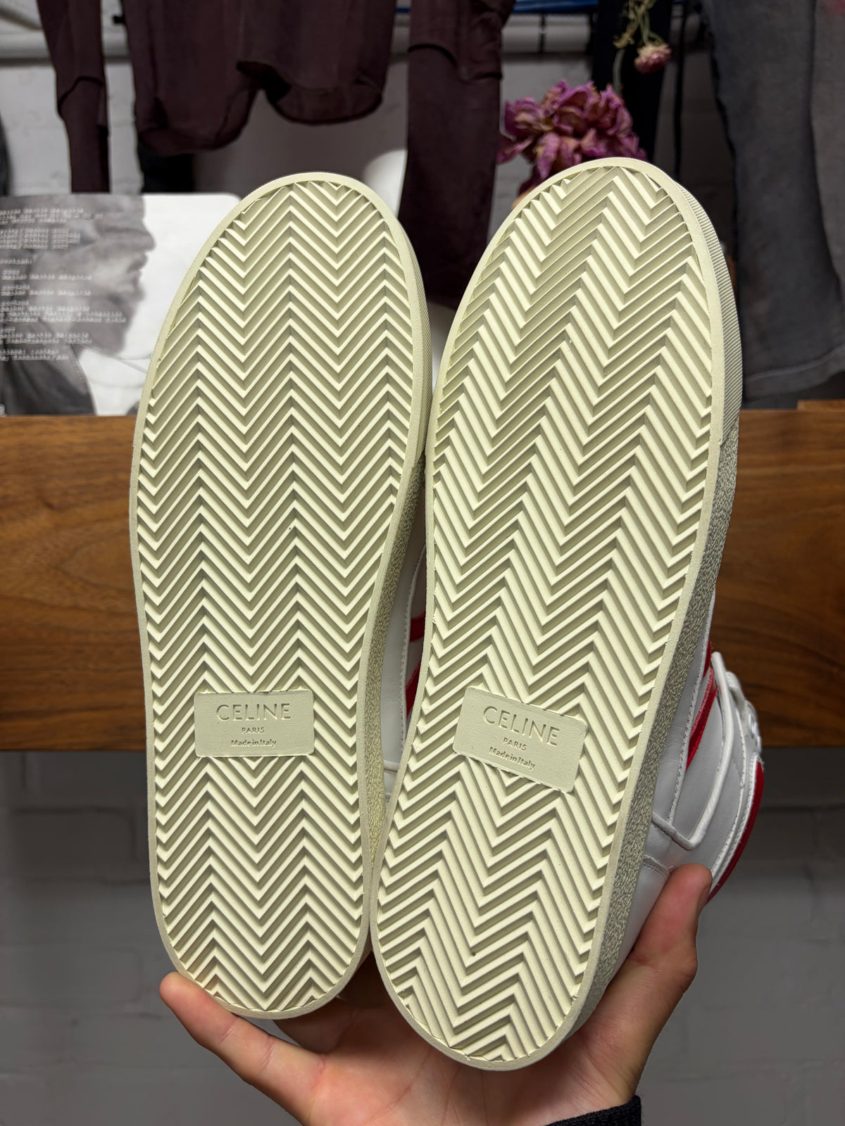 Celine 'Break' Cream/Red Mid Top
Leather Court Sneakers