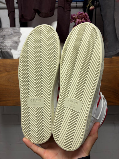 Celine 'Break' Cream/Red Mid Top
Leather Court Sneakers