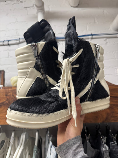 Rick Owens Black Pony-Hair ‘Geobasket’ High Top Sneakers