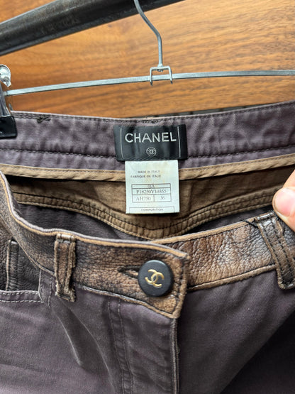 AW2001 Chanel ‘Leather Insert’ Low Rise Brown Flared Denim